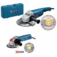 BOSCH GWS 22-230 JH + GWX 750-125 kampinių šlifuoklių rinkinys + 2 pjovimo diskai